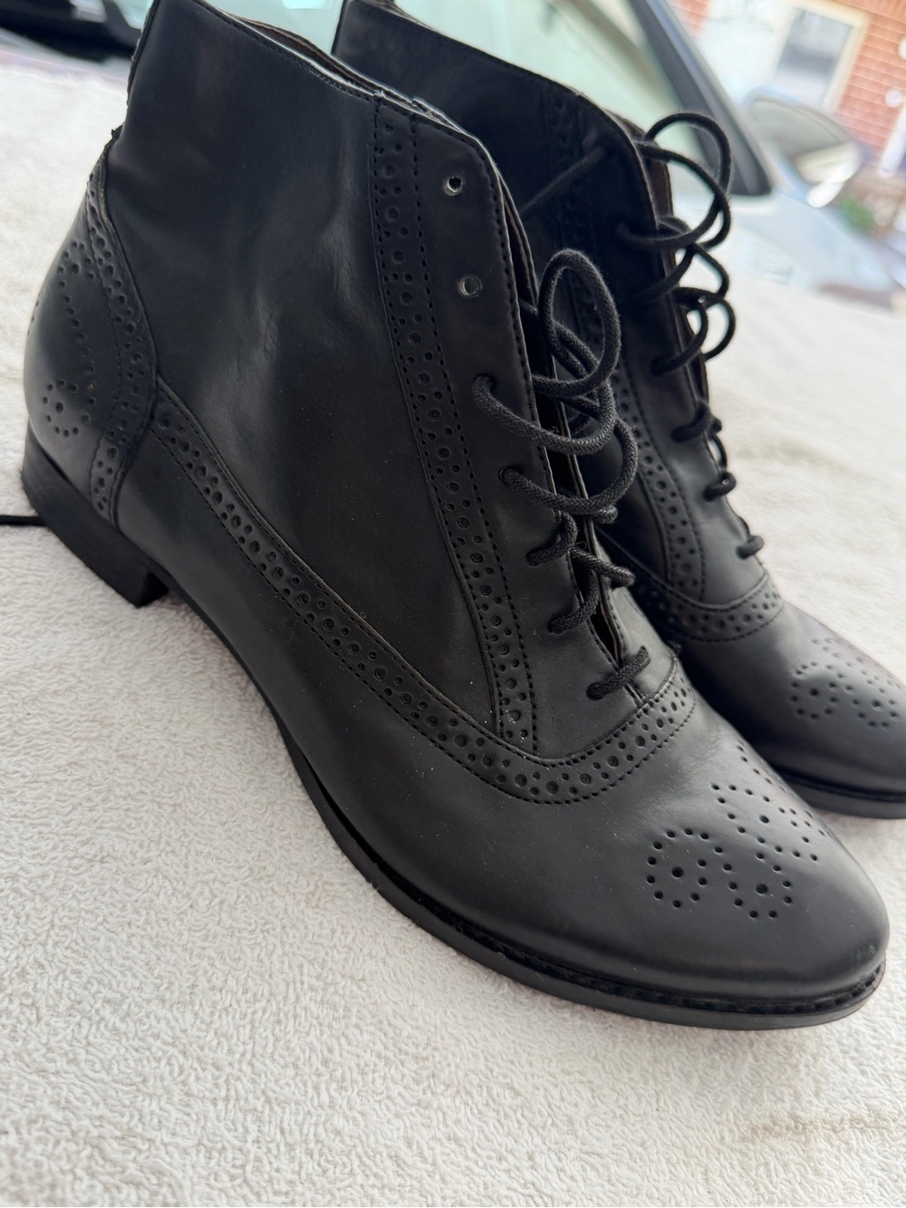 Black Leather Brogue Lace-Up Ankle Boots